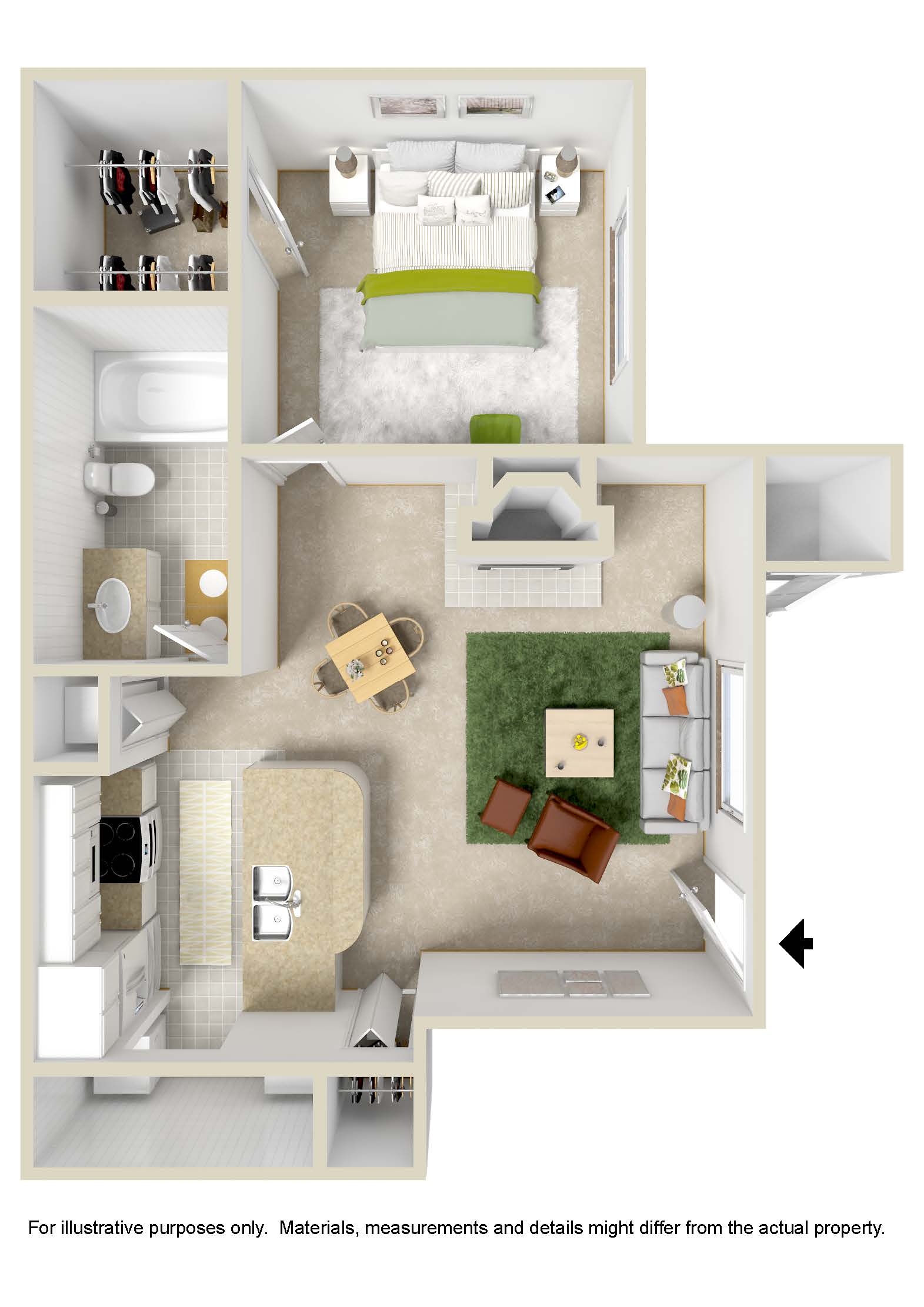 Floor plan for 1 bed, 1 bath, 547 sqft